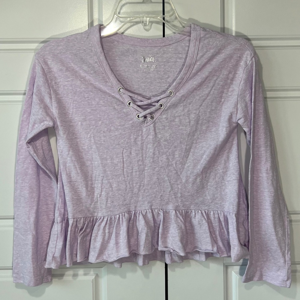 Justice Girls Light Purple Lace Up Long Sleeve Peplum Top Kids Apparel Size 8